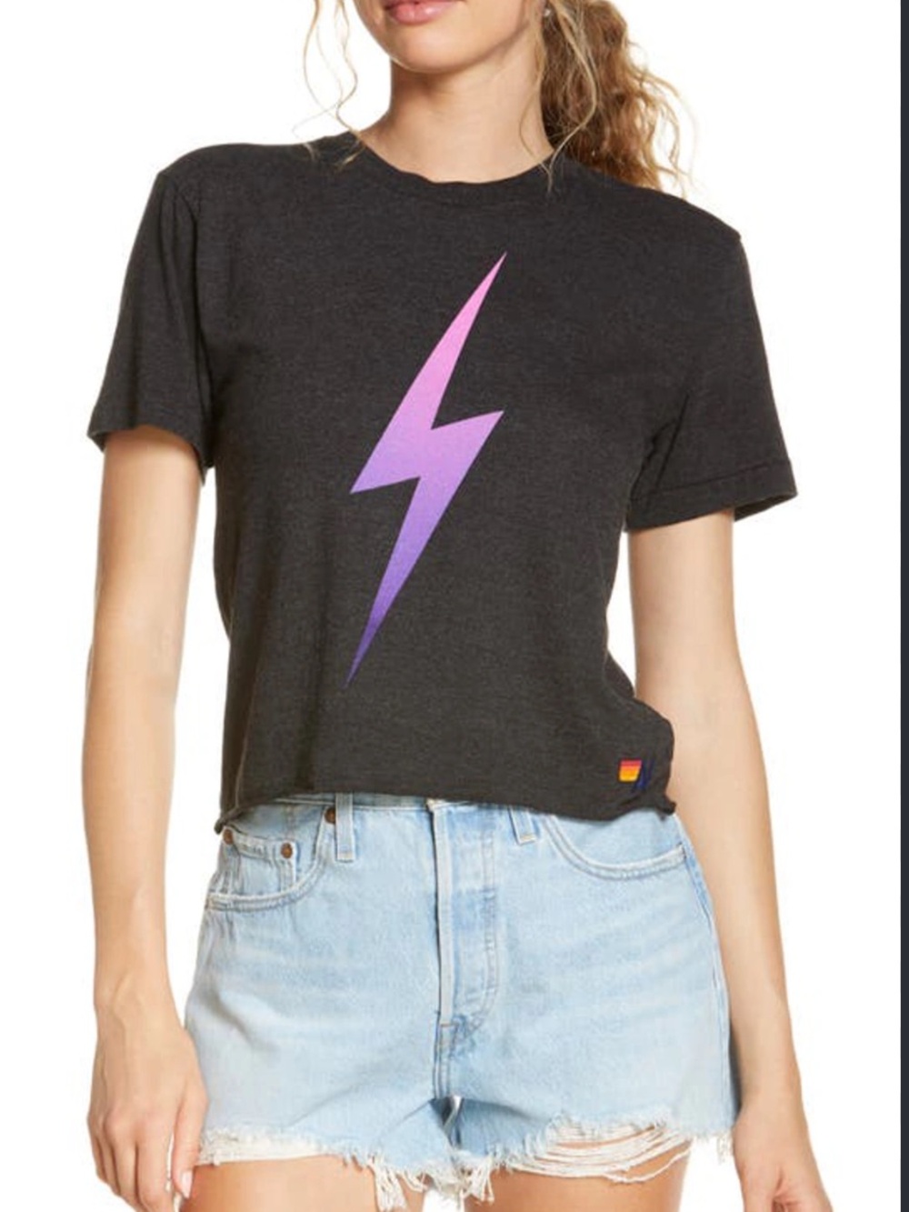 Aviator Nation Black Tee with Pink-to-Purple Lightning